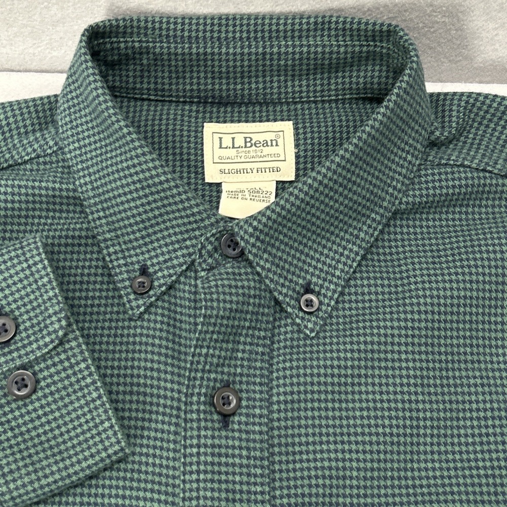 LL Bean Mens Medium Tall Slightly Fitted Houndstooth Cotton Flannel Shirt Green